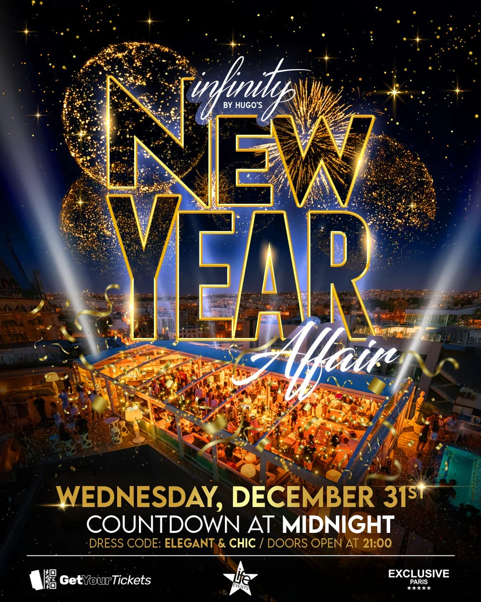 Poster for Infinity New Year’s Eve rooftop party 2026 at Hotel H in Paceville, Malta, showing the pool rooftop, crowd and fireworks at midnight.