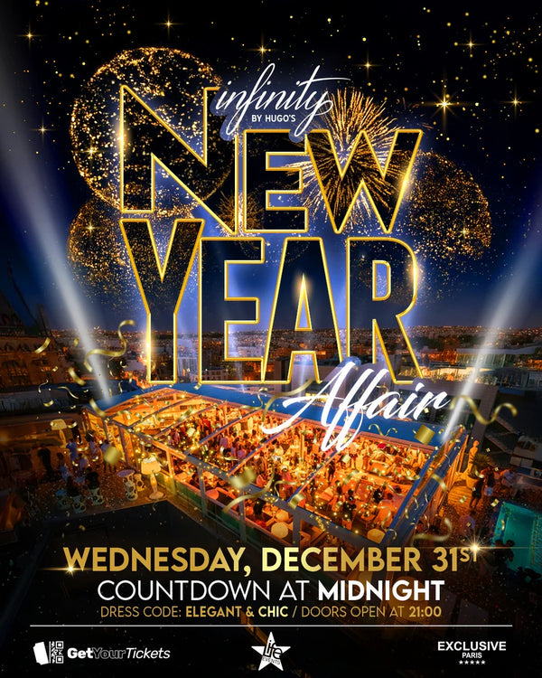 Poster for Infinity New Year’s Eve rooftop party 2026 at Hotel H in Paceville, Malta, showing the pool rooftop, crowd and fireworks at midnight.