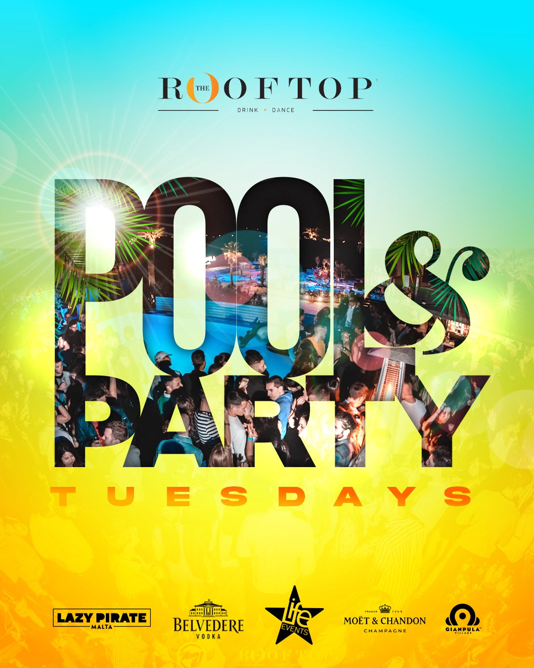 Promotional poster for a rooftop pool party featuring text and images of people enjoying a pool party.