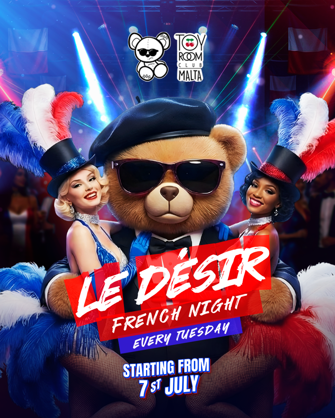 Promotional poster for 'Le Désir French Night' featuring a teddy bear and showgirls with colorful lights.