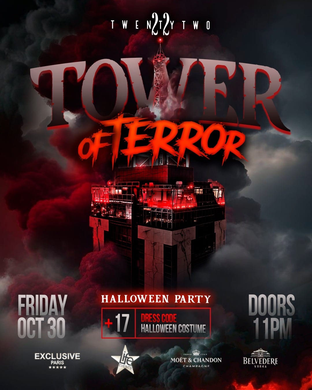 Tower of Terror: Halloween en TwentyTwo, planta 22 de la Portomaso Tower, Malta, viernes 30 de octubre de 2026, 17+, disfraz